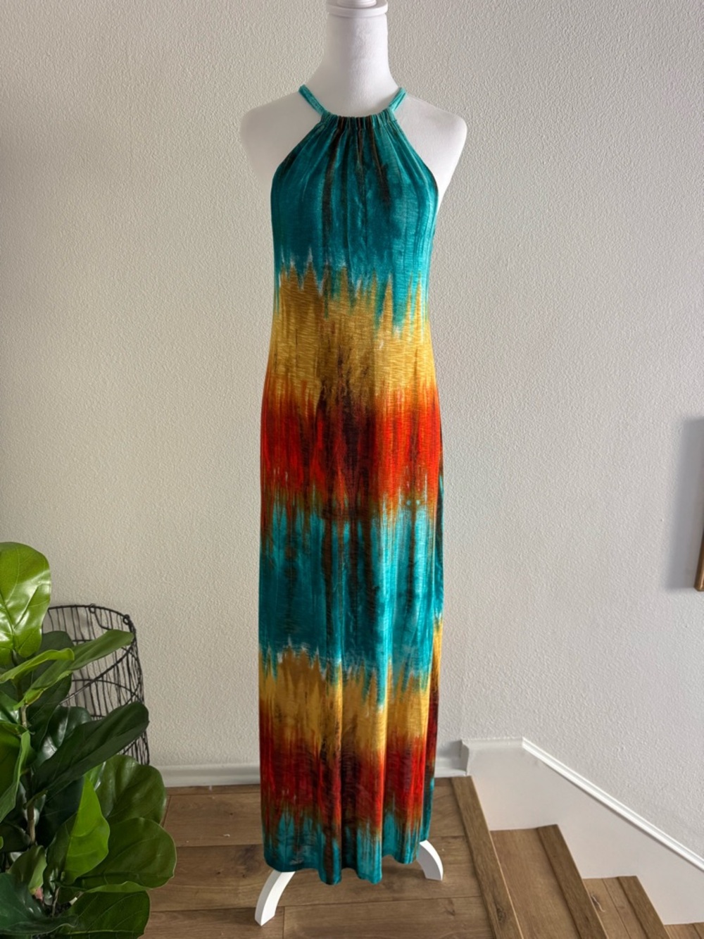 Tommy Bahama Teal, Gold, and Red Halter Maxi Dress